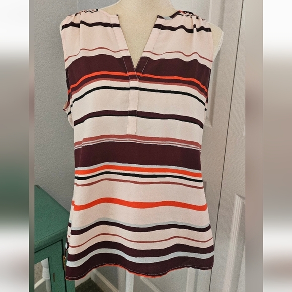 Ann Taylor Factory Multi-Color Earth Tone Striped V-Neck Shell - Size M - Picture 1 of 6